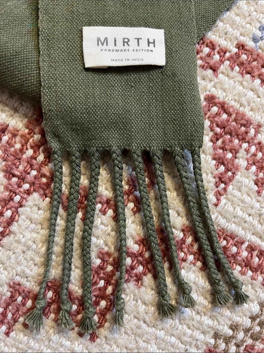 NWT Mirth Handwoven Cotton Sash Belt Skinny Scarf Olive Green Artisan Fringe - Picture 3 of 7